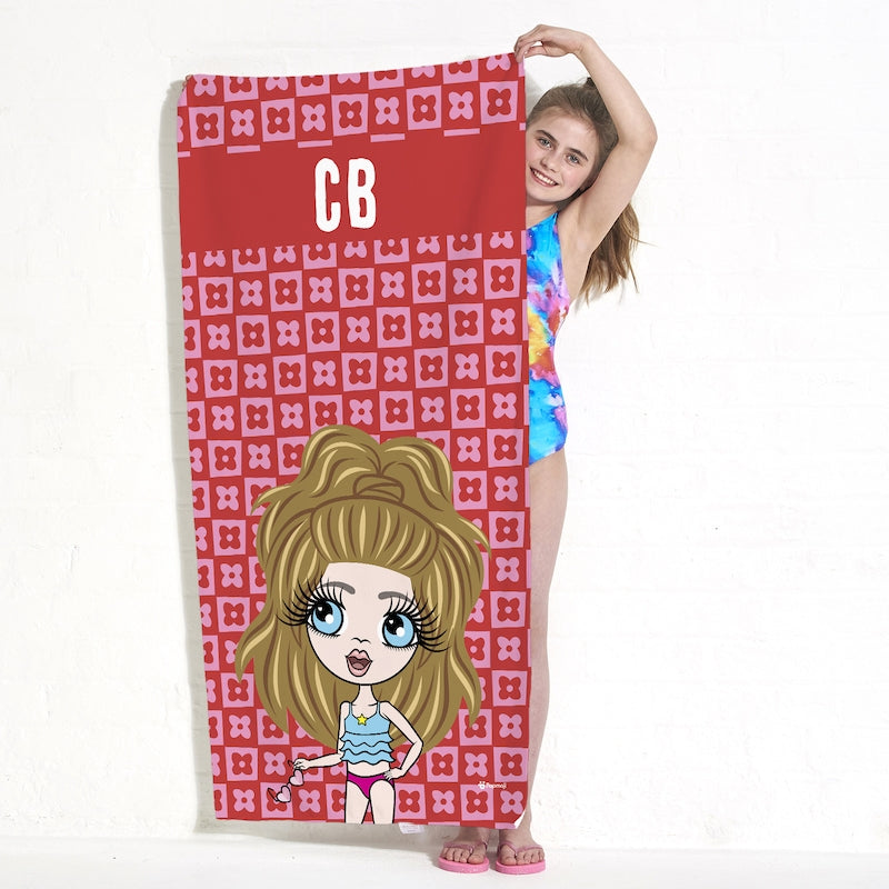 ClaireaBella Girls Personalized Checkered Flower Beach Towel - Image 1