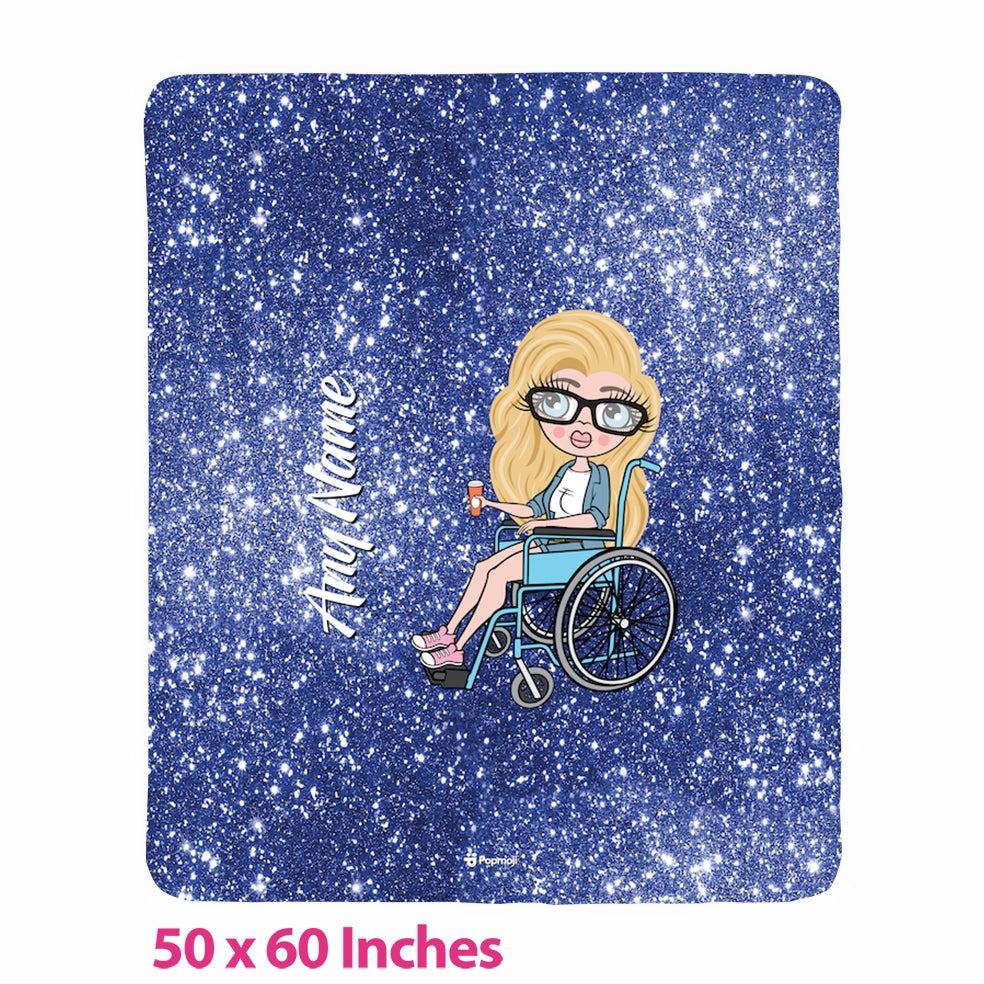 Womens Wheelchair Portrait Blue Glitter Effect Fleece Blanket - Image 1