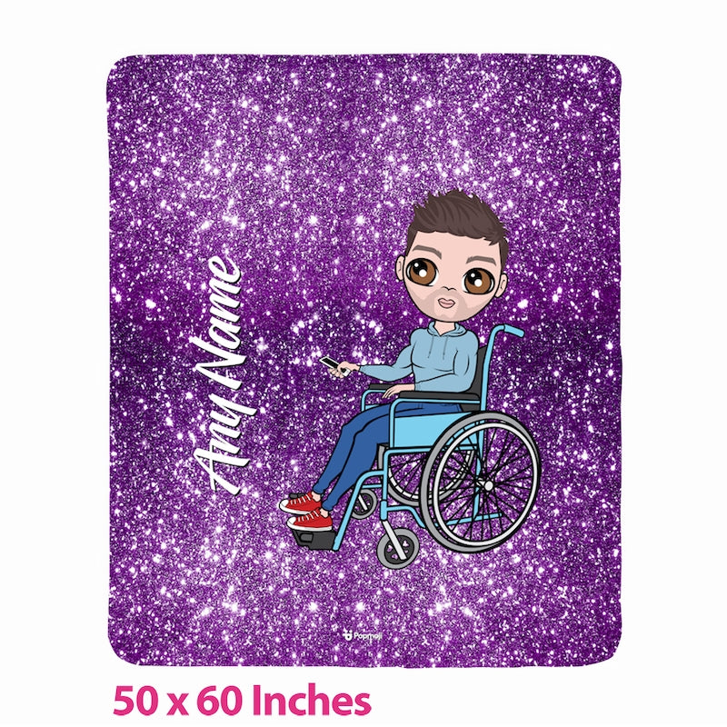 Mens Wheelchair Portrait Purple Glitter Effect Fleece Blanket - Image 1