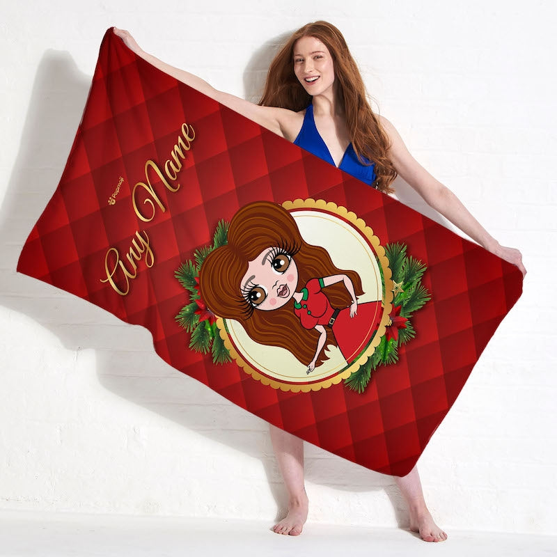 Womens Personalized Festive Wreath Beach Towel