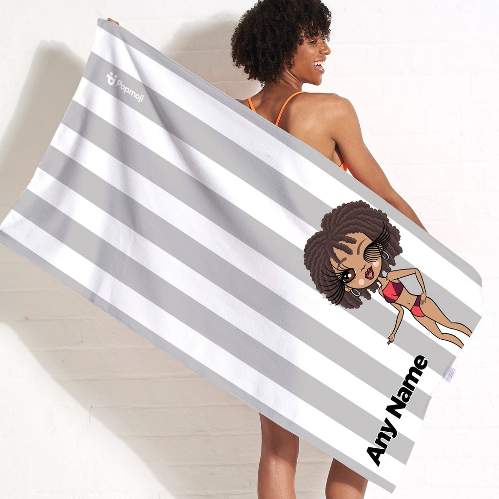 Womens Personalized Grey Stripe Beach Towel