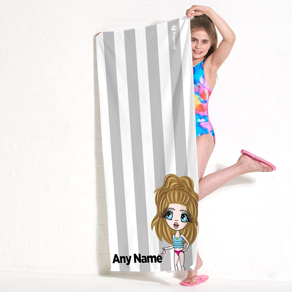 Girls Personalized Grey Stripe Beach Towel