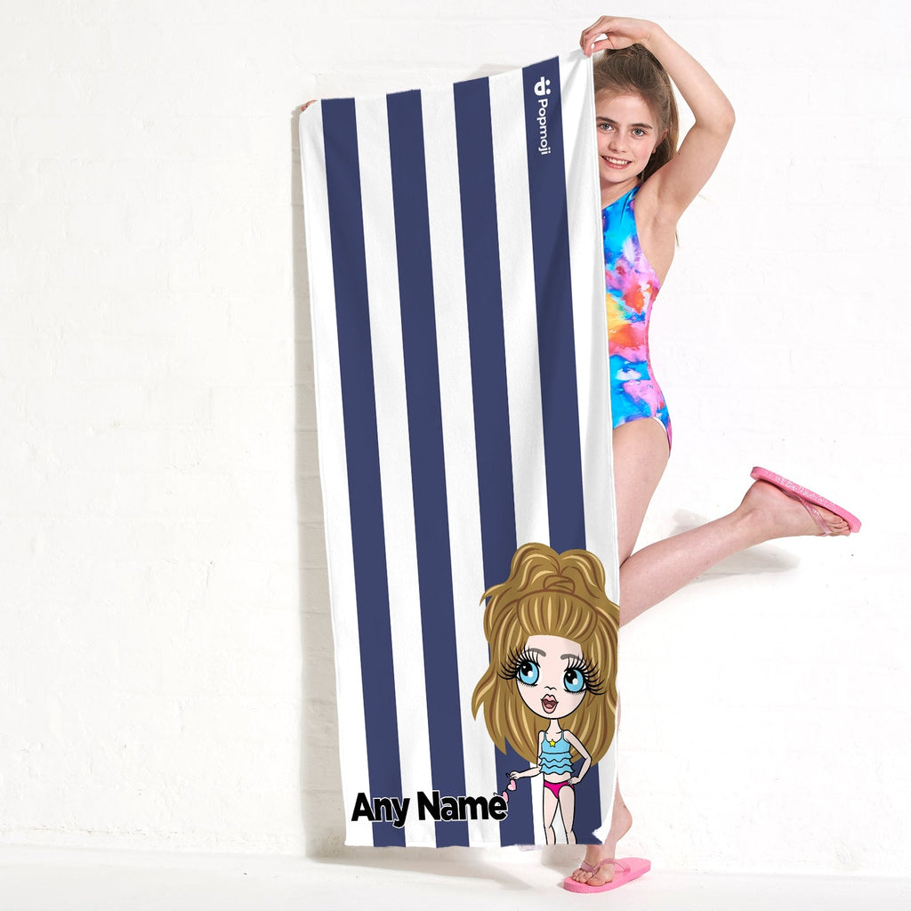 Girls Personalized Navy Stripe Beach Towel
