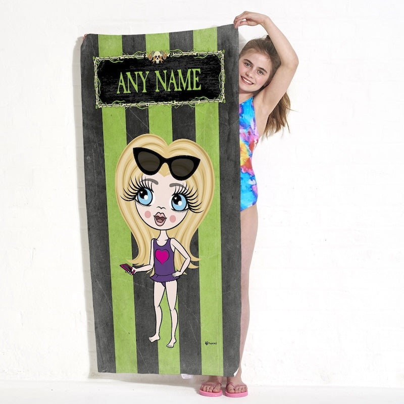 Girls Personalized Creepy Green Stripes Beach Towel