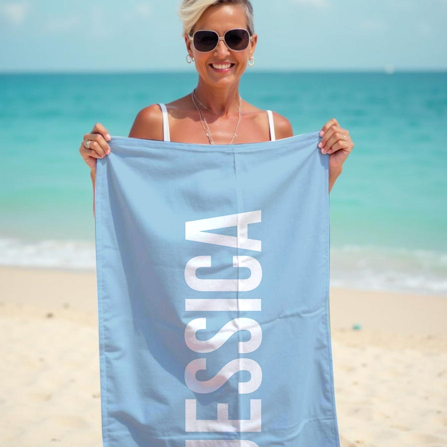 Personalized Name Condensed Blue Beach Towel - Image 1