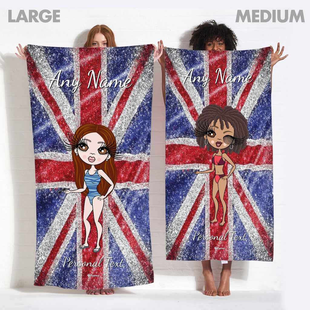 Womens Personalized Glitter Effect Union Jack Beach Towel