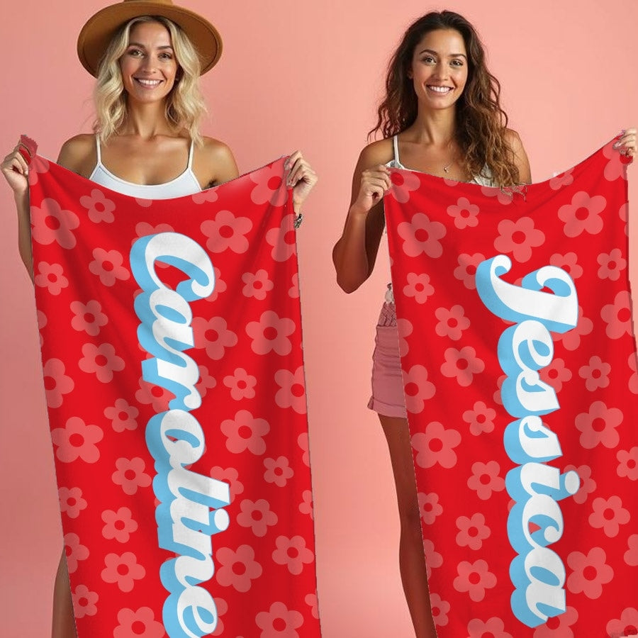 Personalized Name Groovy Red Beach Towel - Image 1