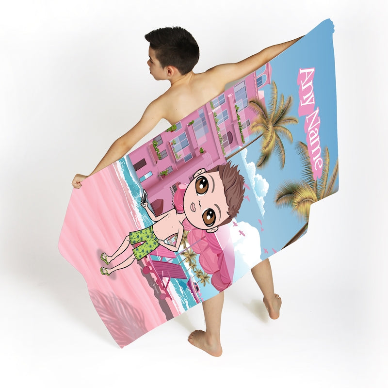 Jnr Boys Personalized Pink Seaside Beach Towel - Image 3