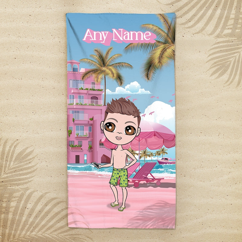 Jnr Boys Personalized Pink Seaside Beach Towel - Image 1