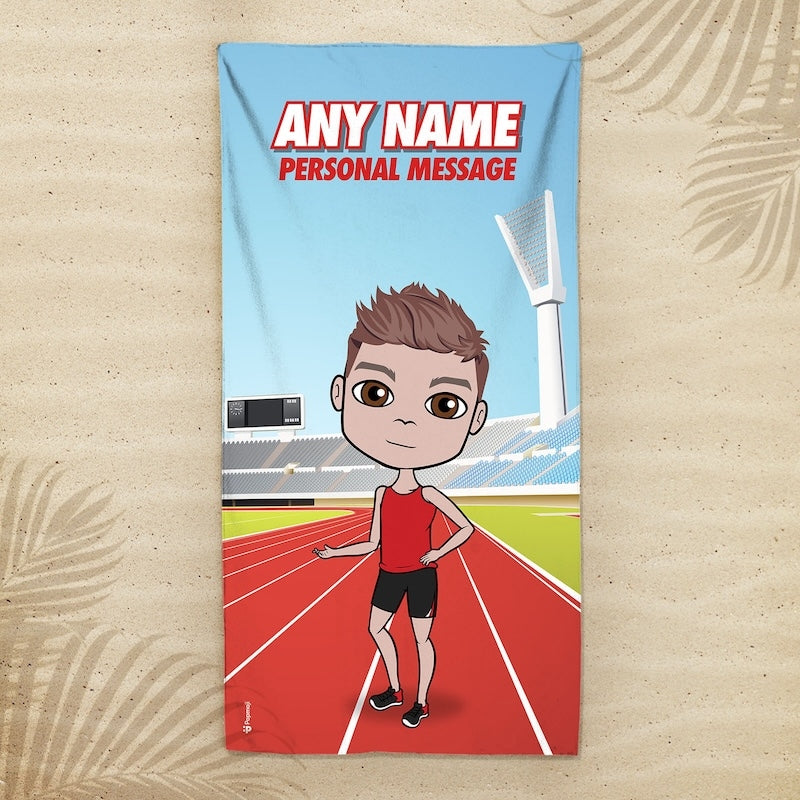 Boys Personalized Running Track Beach Towel - Image 1