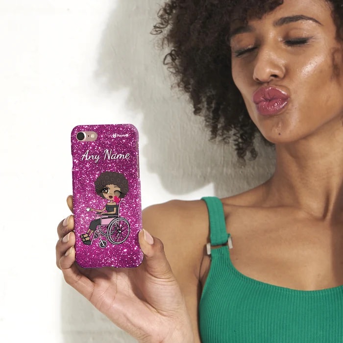 Womens Personalized Wheelchair Glitter Effect Phone Case - Pink