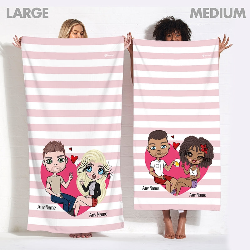 Multi Character Couples Pink Striped Love Heart Beach Towel - Image 3