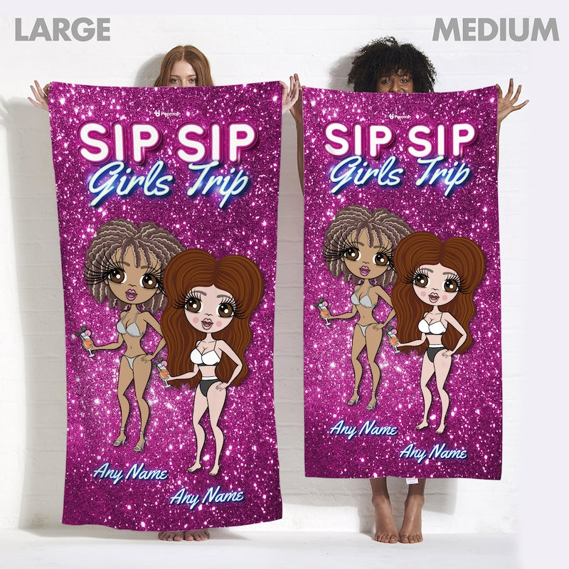 Multi Character Personalized Sip Sip Girls Trip Beach Towel - 2 Women - Image 4