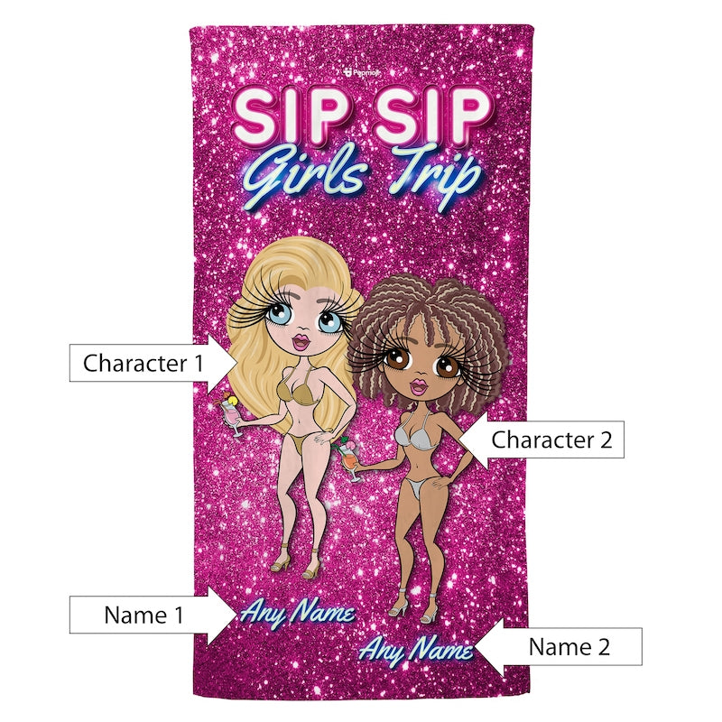 Multi Character Personalized Sip Sip Girls Trip Beach Towel - 2 Women - Image 5