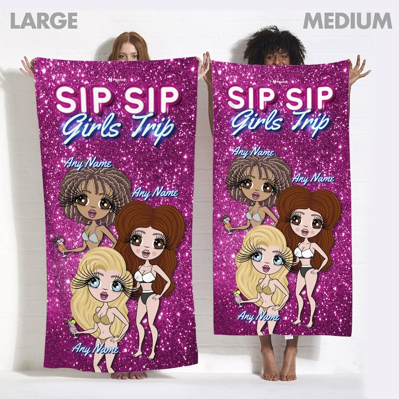 Multi Character Personalized Sip Sip Girls Trip Beach Towel - 3 Women - Image 5