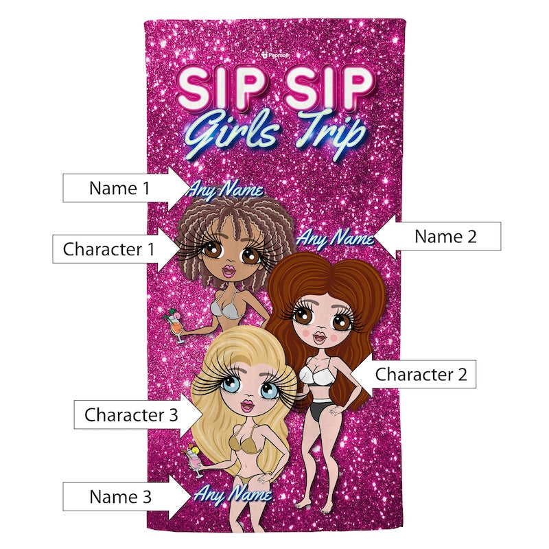 Multi Character Personalized Sip Sip Girls Trip Beach Towel - 3 Women - Image 4