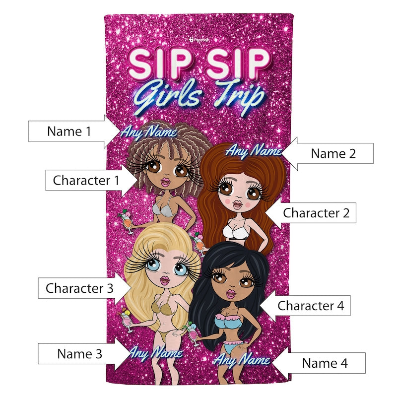 Multi Character Personalized Sip Sip Girls Trip Beach Towel - 4 Women - Image 5