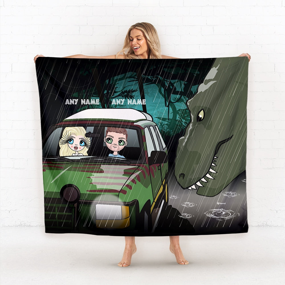 Multi Character Personalized Couples Dino Attack Fleece Blanket - Image 1