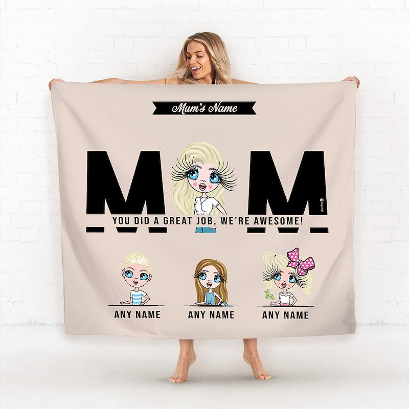 Multi Character Great Job Mom Woman And 3 Children Fleece Blanket - Image 1
