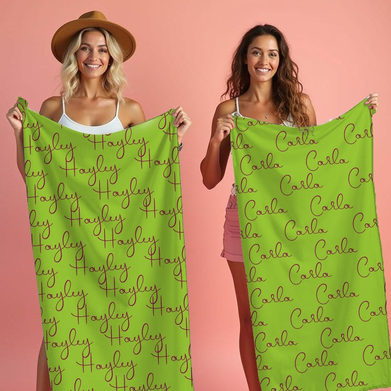 Personalized Name Script Green Beach Towel - Image 1