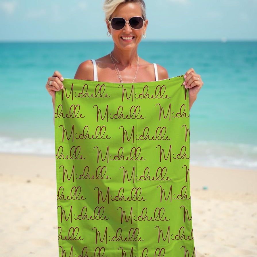 Personalized Name Script Green Beach Towel - Image 2