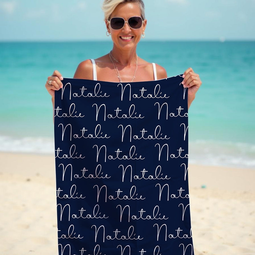 Personalized Name Script Navy Beach Towel - Image 1