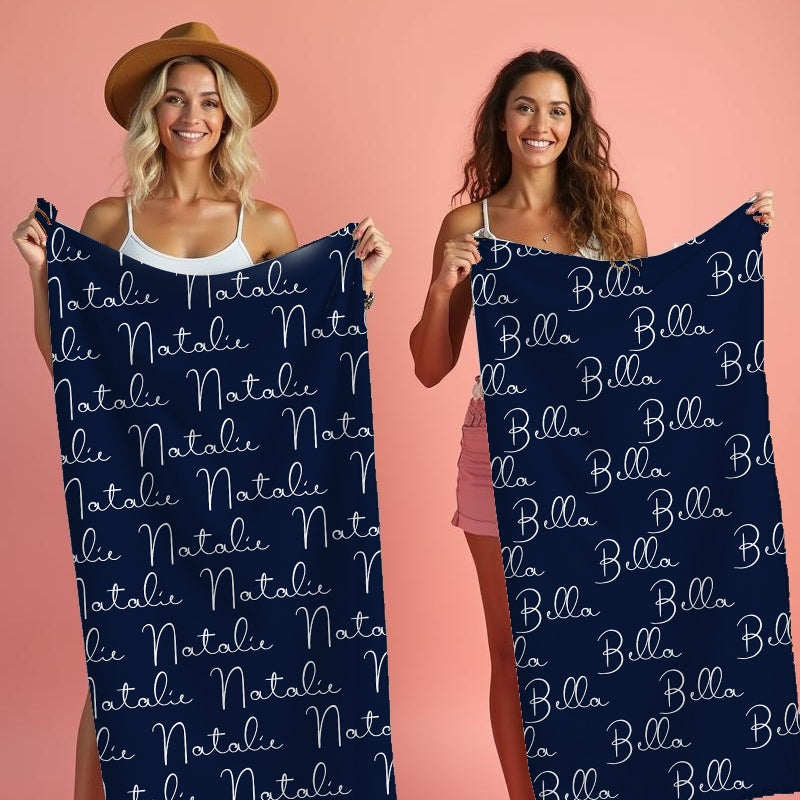 Personalized Name Script Navy Beach Towel - Image 2