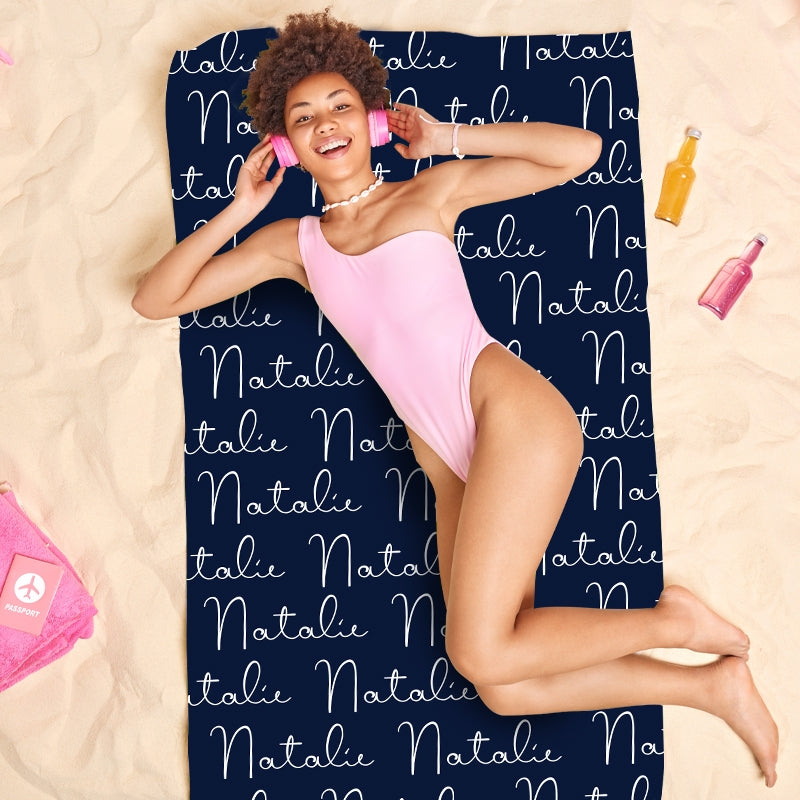 Personalized Name Script Navy Beach Towel - Image 3