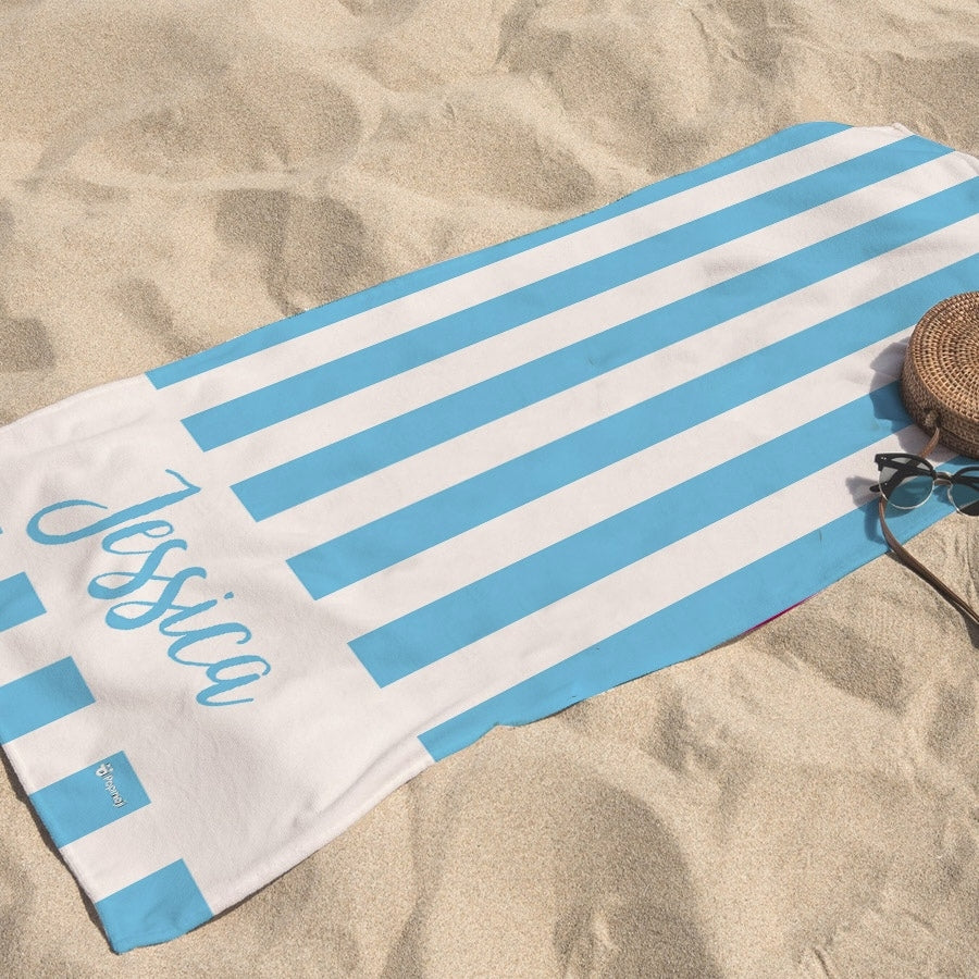 Personalized Name Stripe Blue Beach Towel - Image 1