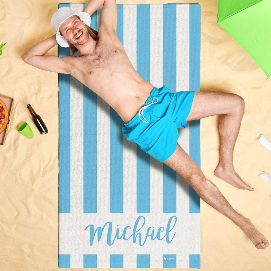 Personalized Name Stripe Blue Beach Towel - Image 3