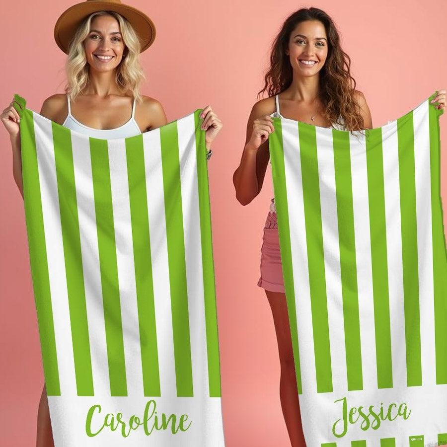Personalized Name Stripe Green Beach Towel - Image 1
