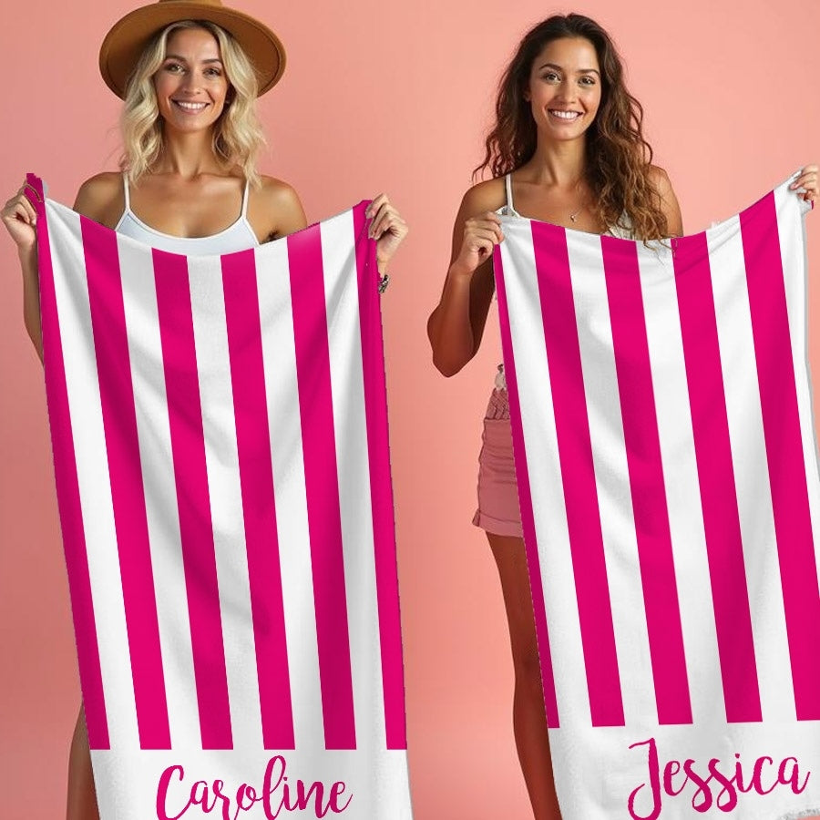 Personalized Name Stripe Pink Beach Towel - Image 1