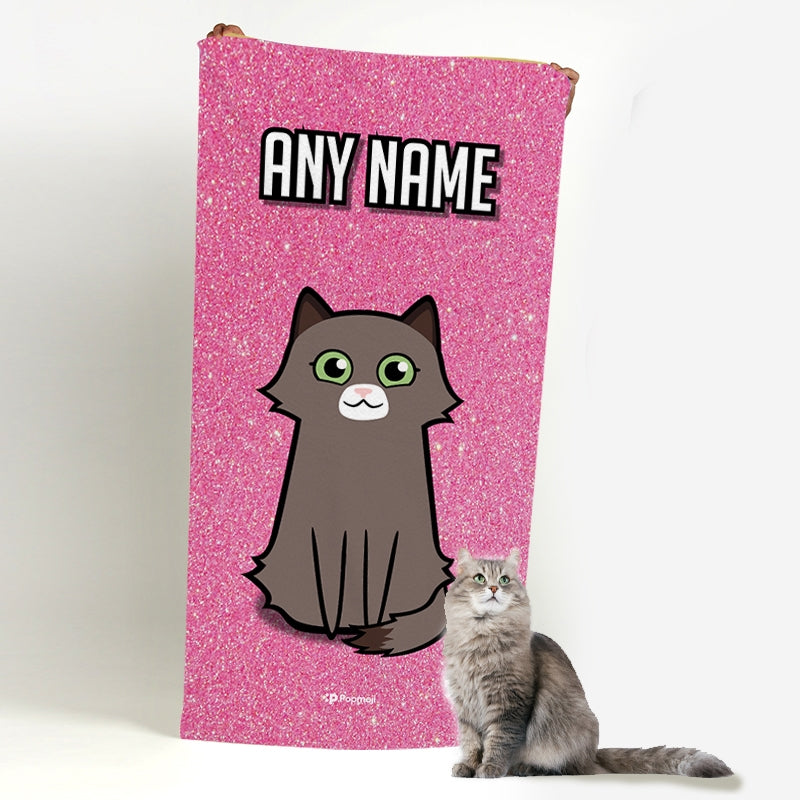 Personalized Cat Pink Glitter Beach Towel - Image 1