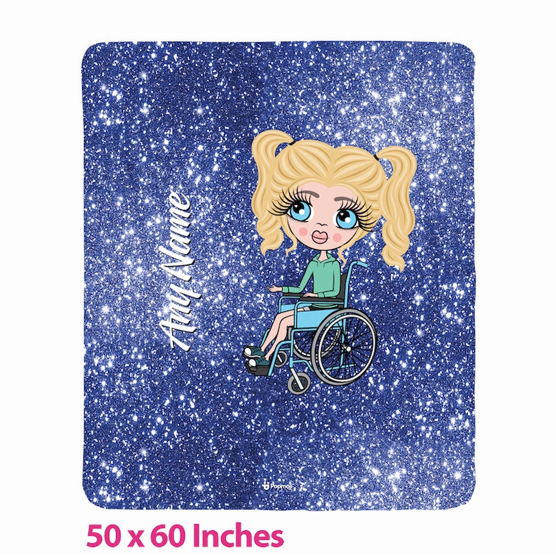 Girls Wheelchair Portrait Blue Glitter Effect Fleece Blanket - Image 1