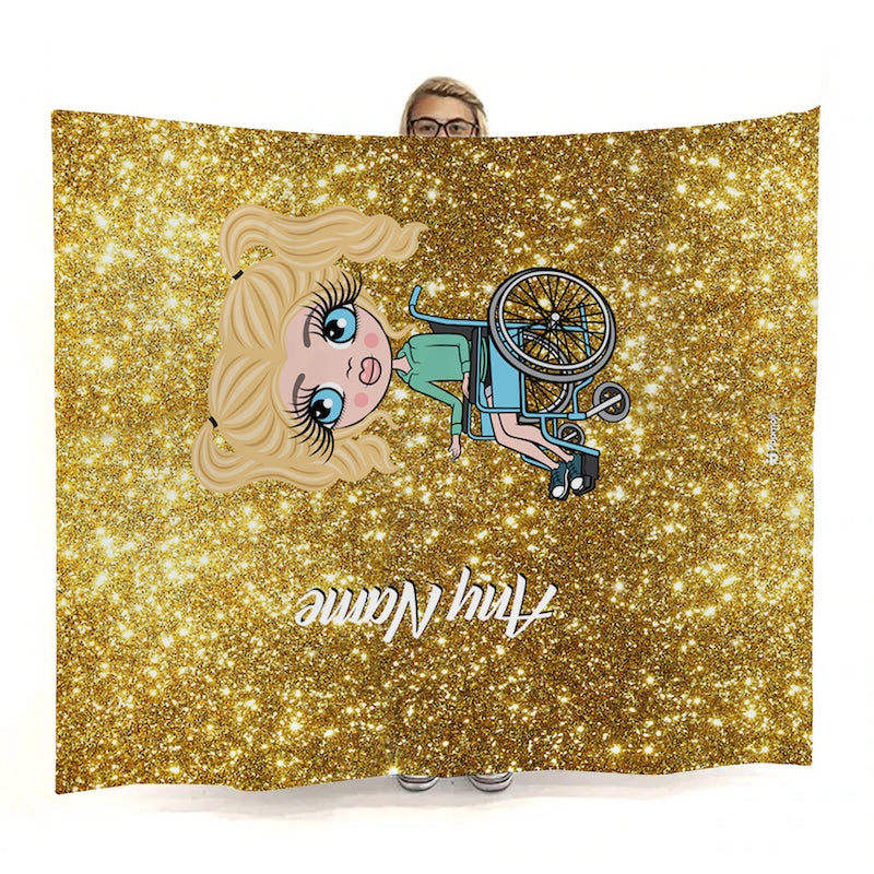 Girls Wheelchair Portrait Gold Glitter Effect Fleece Blanket - Image 3