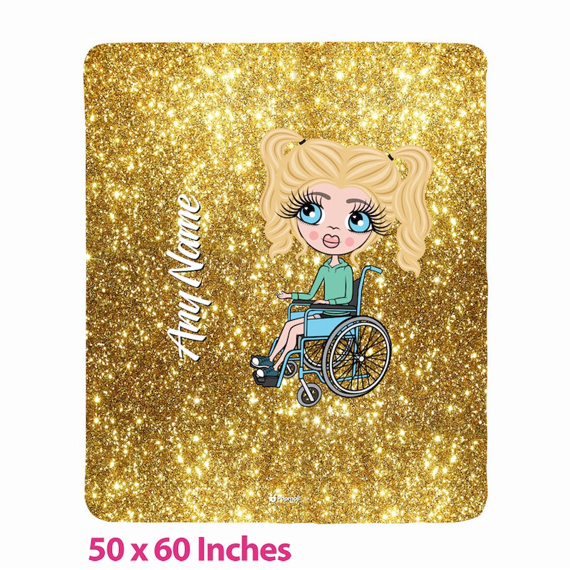 Girls Wheelchair Portrait Gold Glitter Effect Fleece Blanket - Image 1