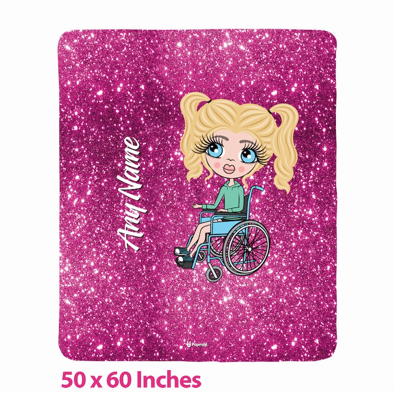 Girls Wheelchair Portrait Pink Glitter Effect Fleece Blanket - Image 1