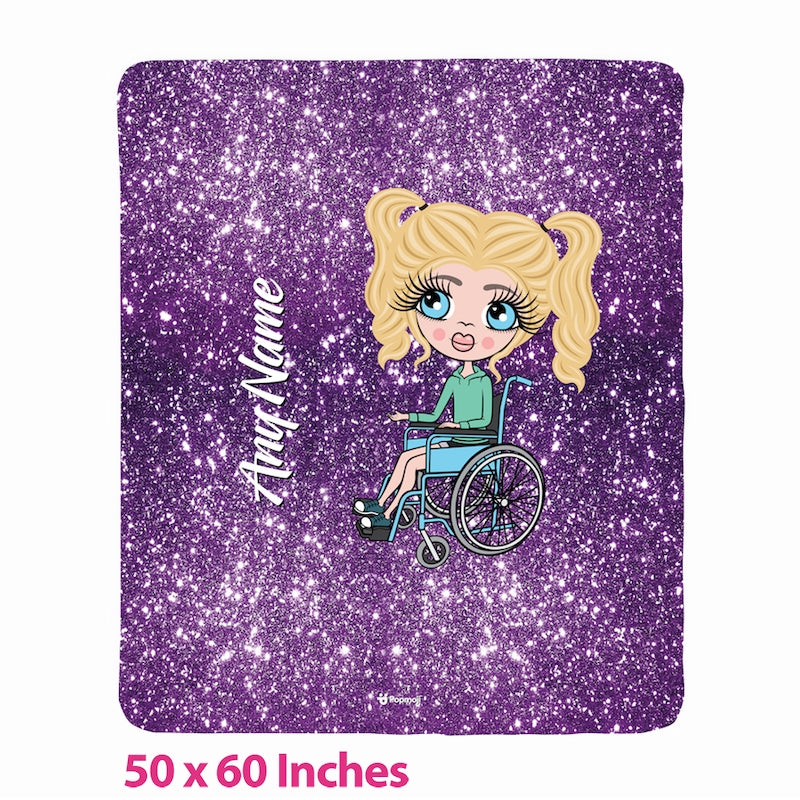 Girls Wheelchair Portrait Purple Glitter Effect Fleece Blanket - Image 1