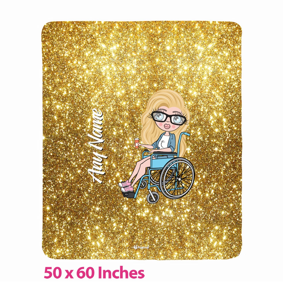 Womens Wheelchair Portrait Gold Glitter Effect Fleece Blanket - Image 1