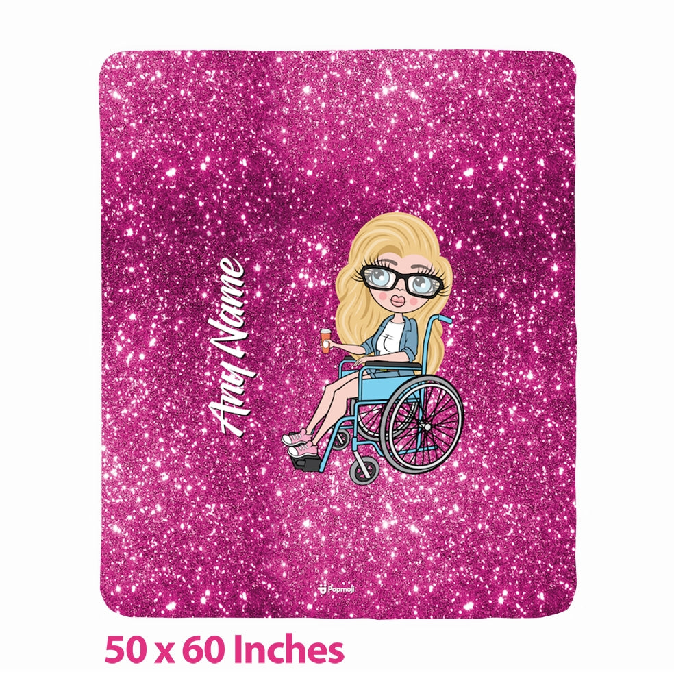 Womens Wheelchair Portrait Pink Glitter Effect Fleece Blanket - Image 1