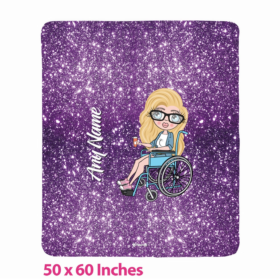 Womens Wheelchair Portrait Purple Glitter Effect Fleece Blanket - Image 1
