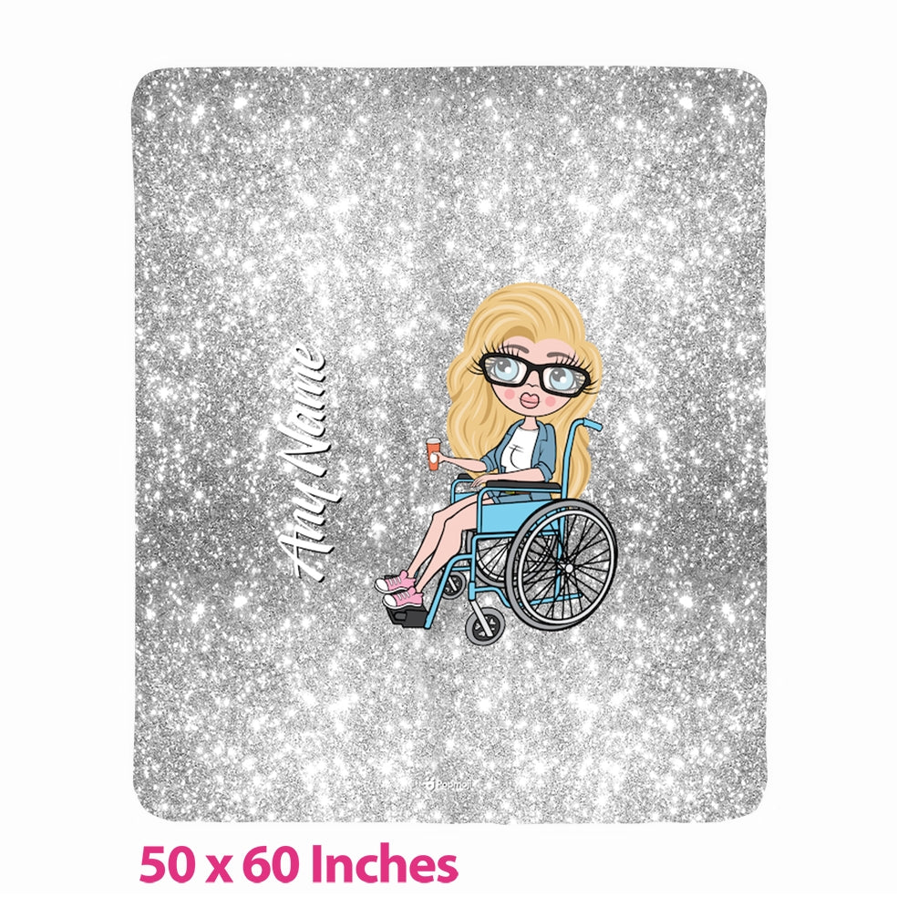 Womens Wheelchair Portrait Silver Glitter Effect Fleece Blanket - Image 1
