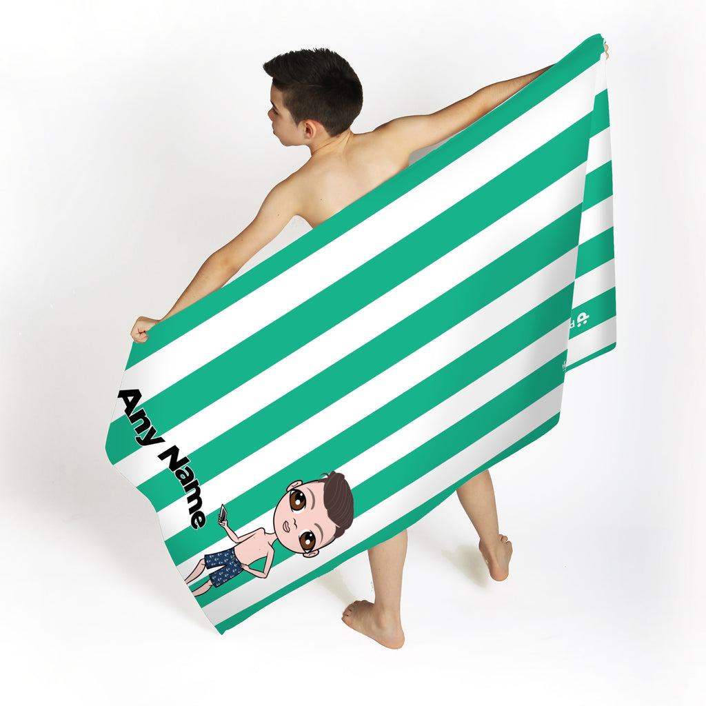 Jnr Boys Personalized Green Stripe Beach Towel - Image 1