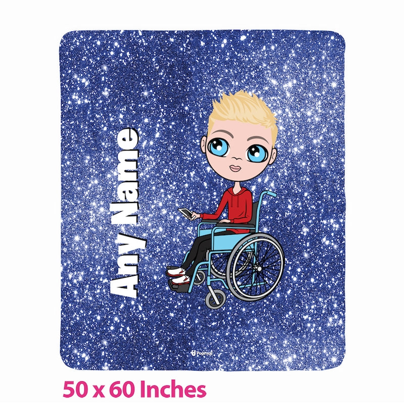 Boys Wheelchair Portrait Blue Glitter Effect Fleece Blanket - Image 1