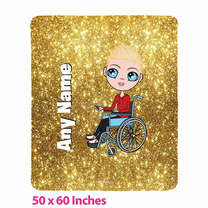 Boys Wheelchair Portrait Gold Glitter Effect Fleece Blanket - Image 1