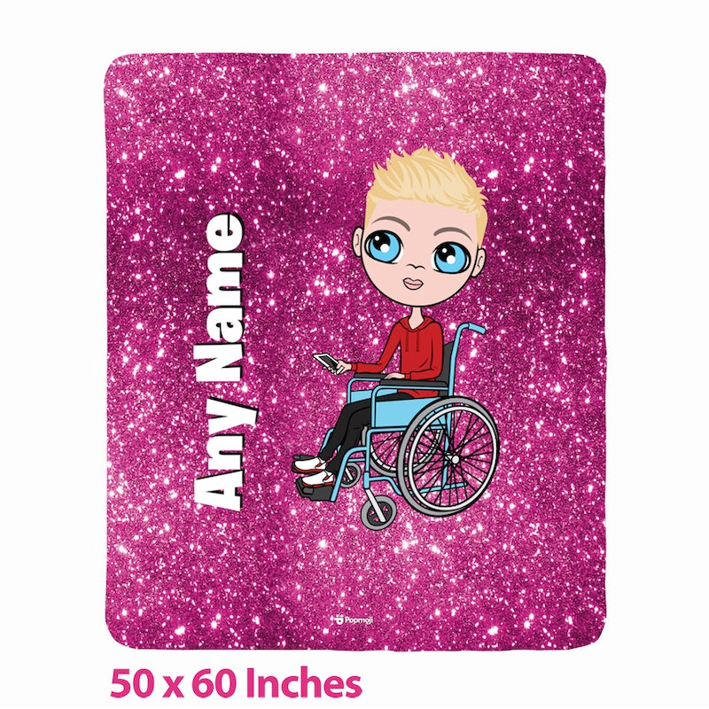 Boys Wheelchair Portrait Pink Glitter Effect Fleece Blanket - Image 1