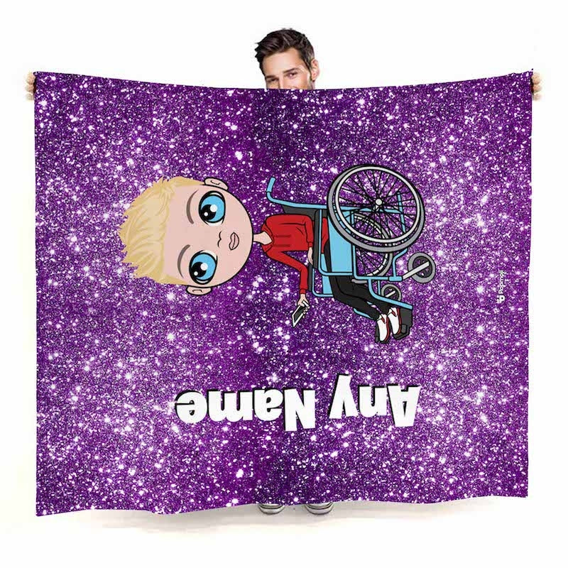 Boys Wheelchair Portrait Purple Glitter Effect Fleece Blanket - Image 2