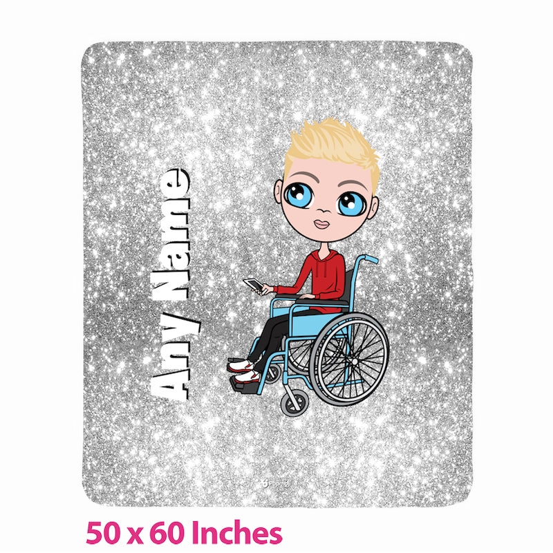 Boys Wheelchair Portrait Silver Glitter Effect Fleece Blanket - Image 1