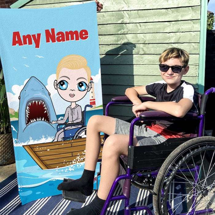 Jnr Boys Shark Attack Wheelchair Beach Towel - Image 1