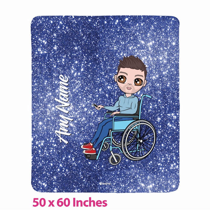 Mens Wheelchair Portrait Blue Glitter Effect Fleece Blanket - Image 1